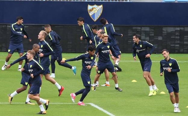 La plantilla malaguista, en la sesión de entrenamiento de ayer en La Rosaleda. /Salvador Salas