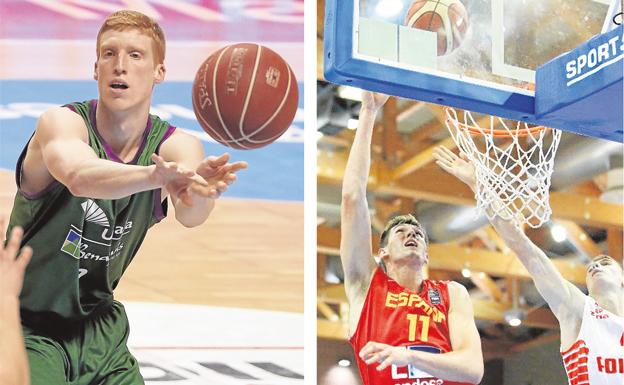 Alberto Díaz pasa el balón en un partido con el Unicaja. Rubén Guerrero, con la selección en 2015. /Ñito Salas/ FEB