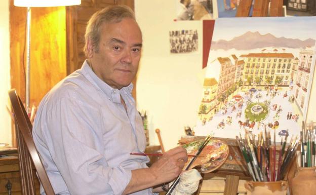 El pintor, en su casa terminando un cuadro de la plaza de la Constitución./Ñito Salas