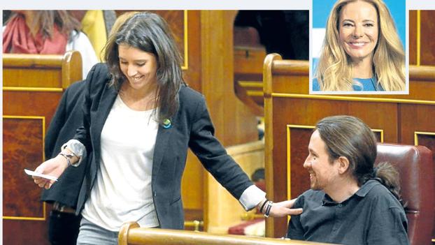 Irene Montero y Pablo Iglesias, en el Congreso. Arriba, Paula Vázquez.