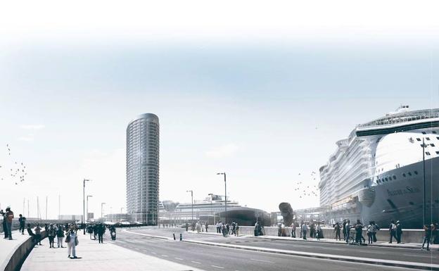 Recreación de la torre para un hotel de lujo prevista en el dique de Levante del Puerto de Málaga./SUR