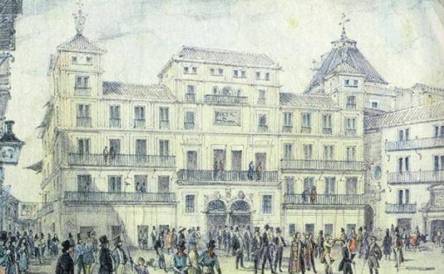 Grabado de M. de Mesa (1839), donde se ve la fachada principal del Ayuntamiento, entonces en la plaza de la Constitución. Libro 'Las Casas Consistoriales de Málaga'.