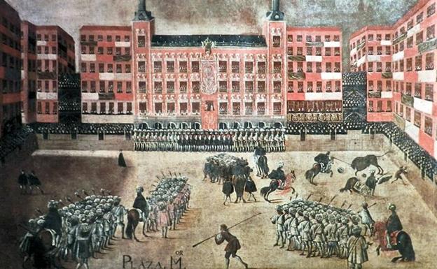 Grabado antiguo de un festejo taurino en la plaza Mayor de Madrid, similar a los que se celebraban en la plaza de la Constitución de Málaga/