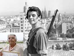1936. Marina Ginestà, desde la azotea del hotel Colón, con Barcelona a sus espaldas. En la parte inferior izquierda, Ginestà en la actualidad. / EFE/