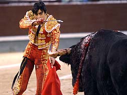 Perera entra a matar al toro que le corneó la femoral en su 'encerrona' en Las Ventas. / EFE/