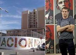Las medianeras del edificio que pintarán OBEY y D*Face. :: Fernando González. El artista norteamericano, ante su cartel de Obama. :: AP/