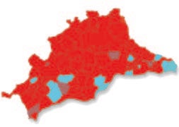 Mapa político de Málaga. Rojo: PSOE Azul: PP Marrón: IU/
