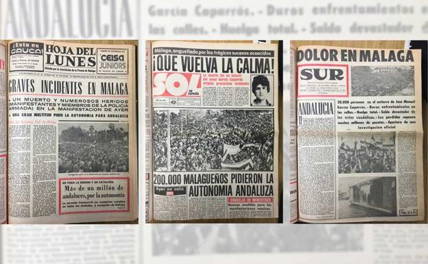 La 'Hoja del Lunes', que se salió el día después de la manifestación. La portada de 'Sol de España' y SUR, que no publicaron hasta el 7 de diciembre porque secundaron la huelga general en repulsa a lo ocurrido.