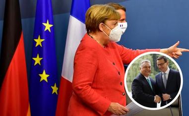 Angela Merkel, que ostenta la presidencia de turno del Consejo de la UE, lideró este martes la ofensiva comunitaria para hacer revocar a los mandatarios de Hungría y Polonia -Viktor Orban y Mateusz Morawiecki, a la derecha- su veto sobre los fondos de recuperación./REUTERS